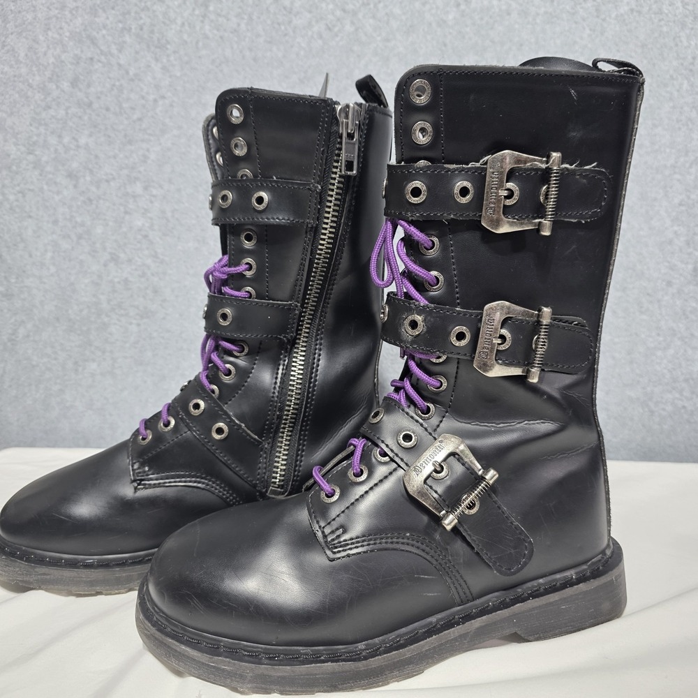 Demonia Black Leather Combat Boots - Side Zip - US 9 mens - Picture 2 of 16